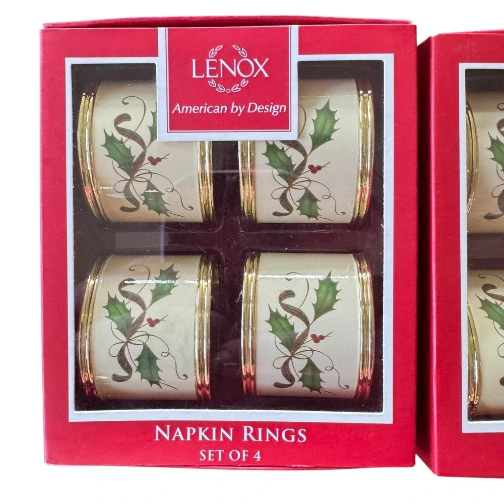 Lenox Nouveau Holly Berry Napkin Rings Set of 8 Christmas Holiday Gold Trim